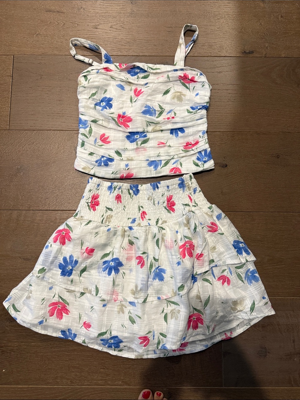 Girls White Floral Two-Piece Crop Top + Skirt Set